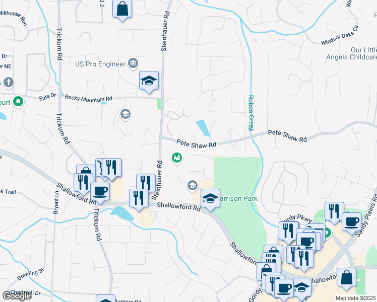 map of restaurants, bars, coffee shops, grocery stores, and more near 2660 Pete Shaw Road in Marietta