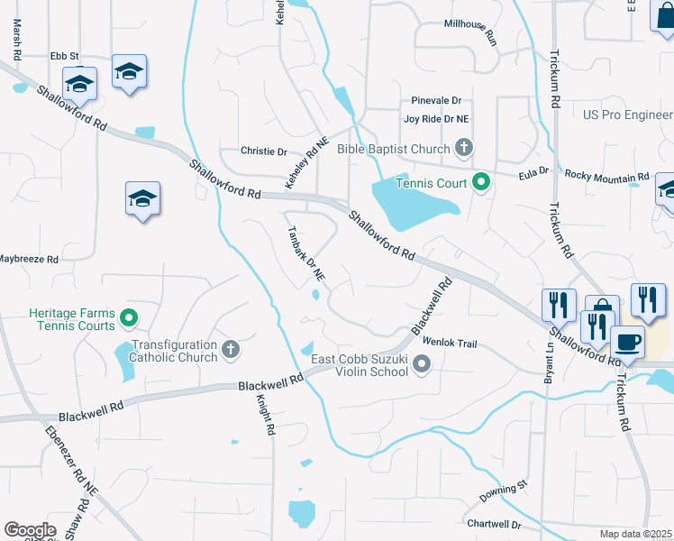 map of restaurants, bars, coffee shops, grocery stores, and more near 3897 Tanbark Court in Marietta