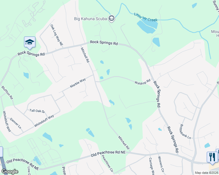 map of restaurants, bars, coffee shops, grocery stores, and more near 1633 Waldrop Road in Lawrenceville