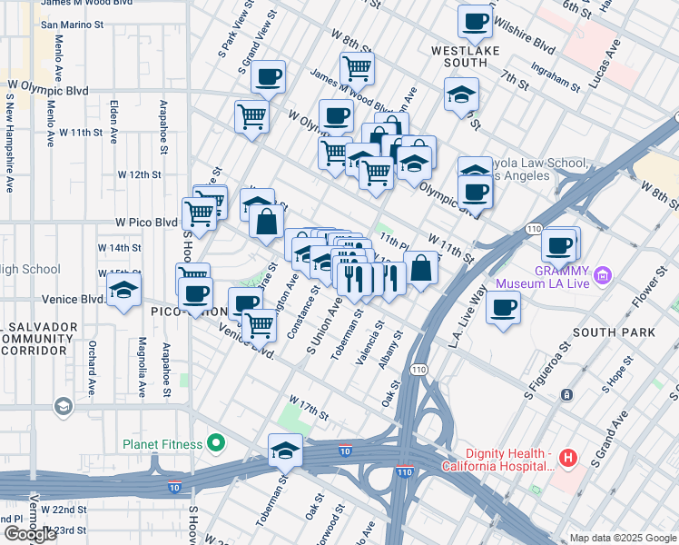 map of restaurants, bars, coffee shops, grocery stores, and more near 1257 South Union Avenue in Los Angeles