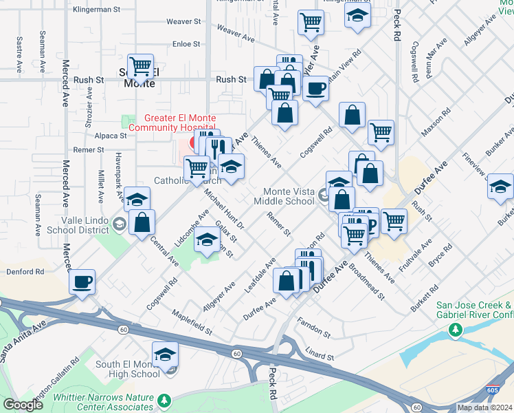 map of restaurants, bars, coffee shops, grocery stores, and more near 1644 Cogswell Road in El Monte