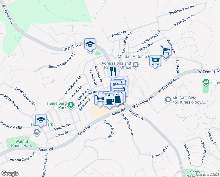 map of restaurants, bars, coffee shops, grocery stores, and more near 20704 San Jose Hills Rd in Walnut