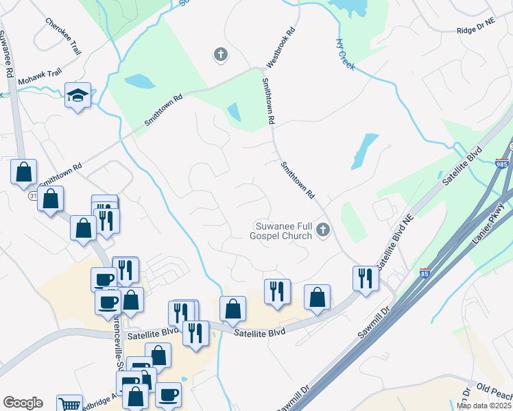 map of restaurants, bars, coffee shops, grocery stores, and more near 74 Morning Glen Court in Suwanee