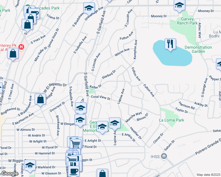 map of restaurants, bars, coffee shops, grocery stores, and more near 240 Kempton Place in Monterey Park