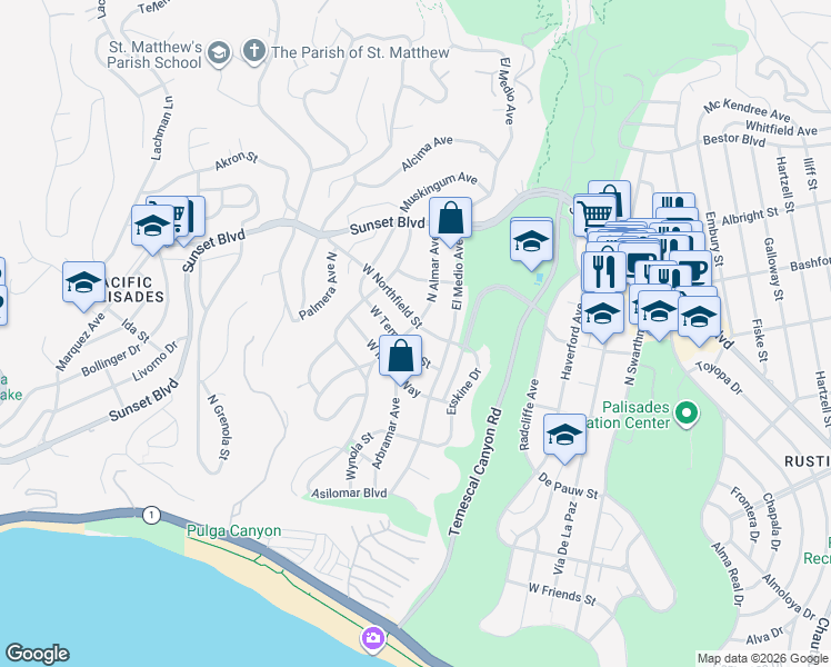 map of restaurants, bars, coffee shops, grocery stores, and more near 15936 West Northfield Street in Los Angeles