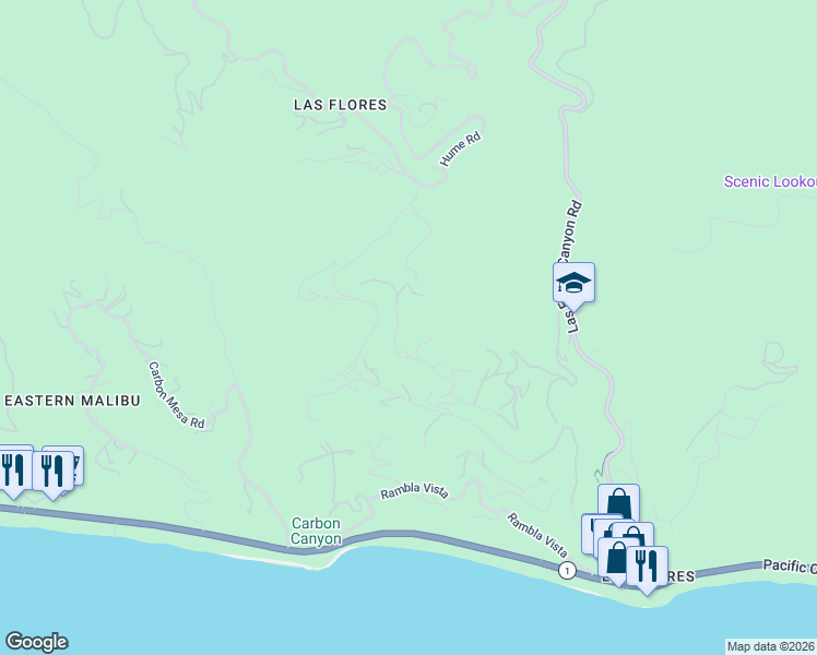 map of restaurants, bars, coffee shops, grocery stores, and more near 3140 Sumac Ridge Road in Malibu
