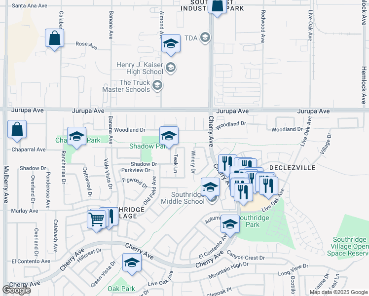 map of restaurants, bars, coffee shops, grocery stores, and more near 14399 Chaparral Avenue in Fontana