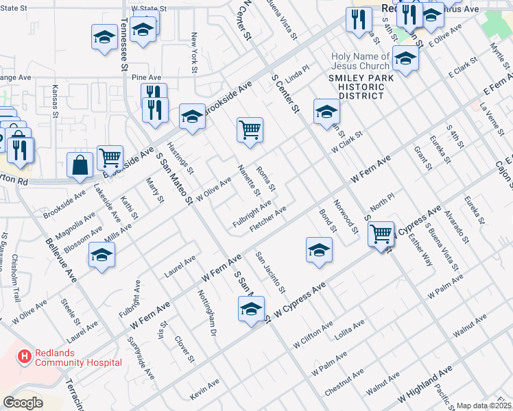 map of restaurants, bars, coffee shops, grocery stores, and more near 1012 Fulbright Avenue in Redlands