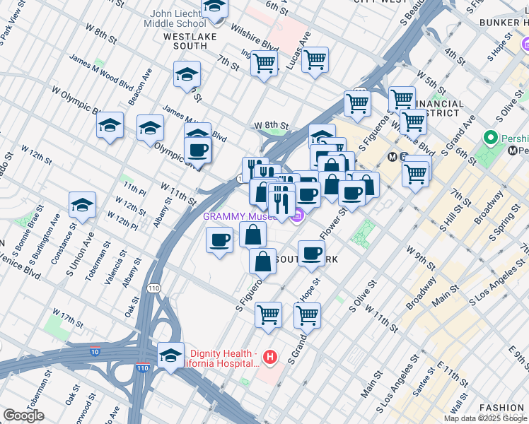 map of restaurants, bars, coffee shops, grocery stores, and more near 900 West Olympic Boulevard in Los Angeles