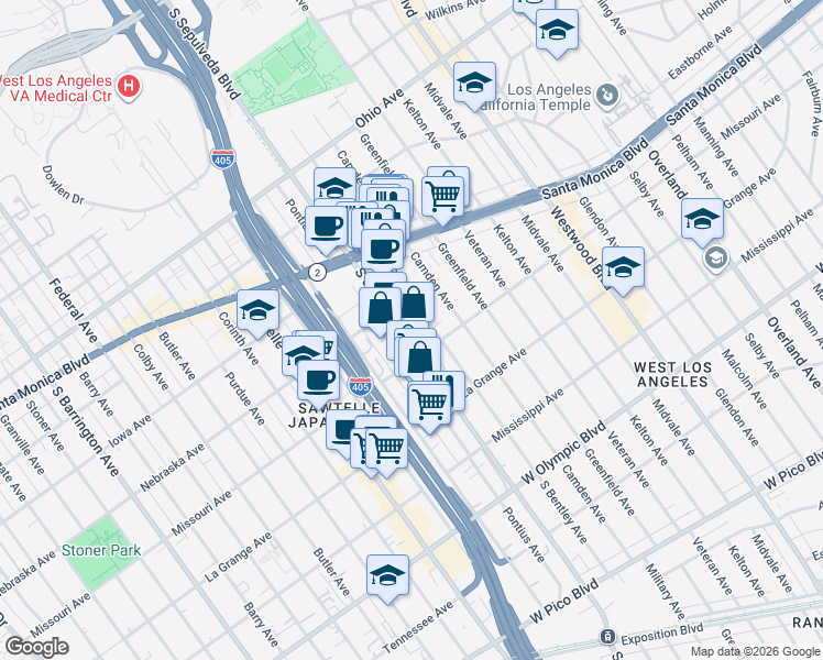 map of restaurants, bars, coffee shops, grocery stores, and more near 1839 South Bentley Avenue in Los Angeles