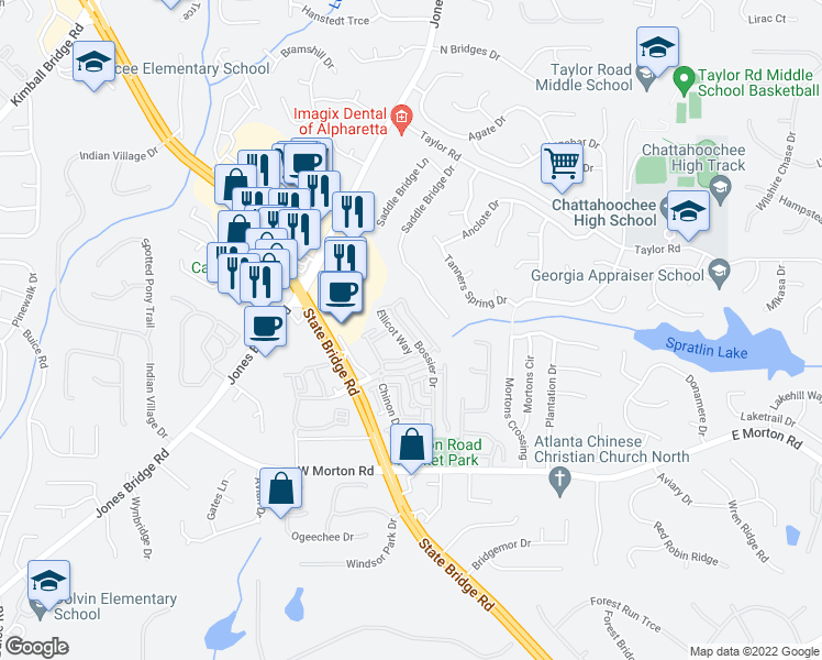 map of restaurants, bars, coffee shops, grocery stores, and more near 10855 Bossier Drive in Alpharetta