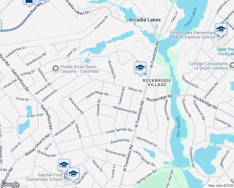 map of restaurants, bars, coffee shops, grocery stores, and more near 4515 Sandy Ridge Road in Columbia