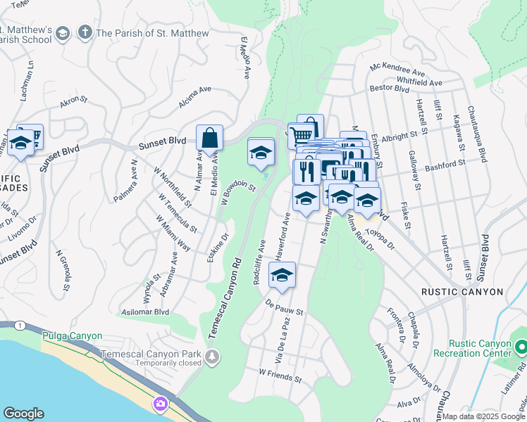 map of restaurants, bars, coffee shops, grocery stores, and more near 791 Radcliffe Avenue in Los Angeles