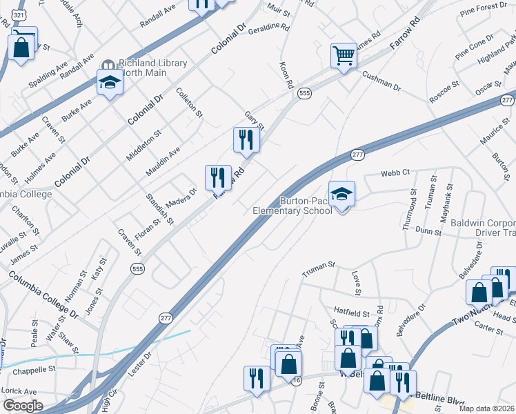 map of restaurants, bars, coffee shops, grocery stores, and more near 226 Gingeroot Way in Columbia