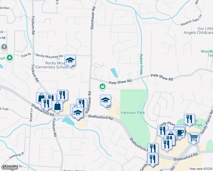 map of restaurants, bars, coffee shops, grocery stores, and more near 2660 Pete Shaw Road in Marietta