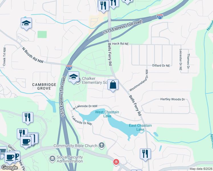 map of restaurants, bars, coffee shops, grocery stores, and more near 3767 West Station Drive Northwest in Kennesaw