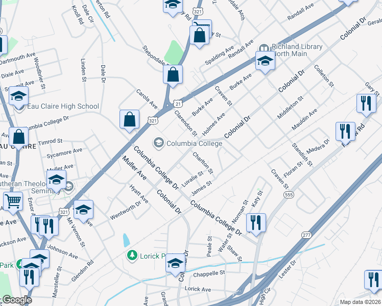 map of restaurants, bars, coffee shops, grocery stores, and more near 4810 Colonial Drive in Columbia