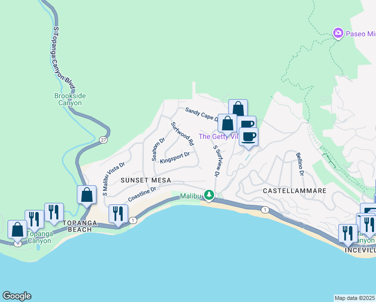 map of restaurants, bars, coffee shops, grocery stores, and more near 18115 Kingsport Drive in Malibu