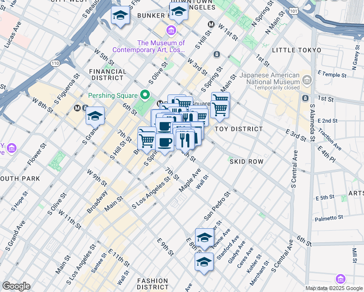 map of restaurants, bars, coffee shops, grocery stores, and more near 560 South Main Street in Los Angeles