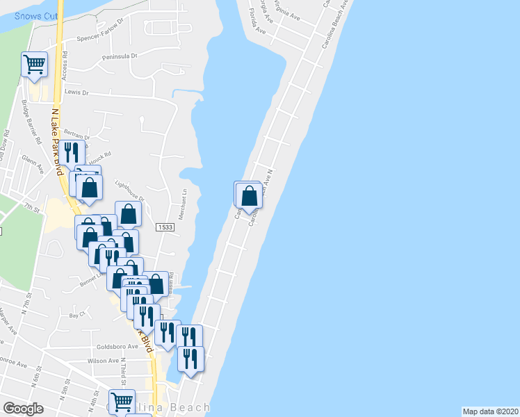 map of restaurants, bars, coffee shops, grocery stores, and more near 910 Carolina Beach Avenue North in Carolina Beach