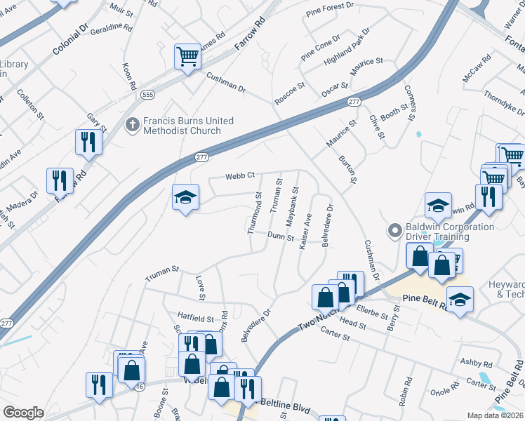 map of restaurants, bars, coffee shops, grocery stores, and more near 3627 Thurmond Street in Columbia