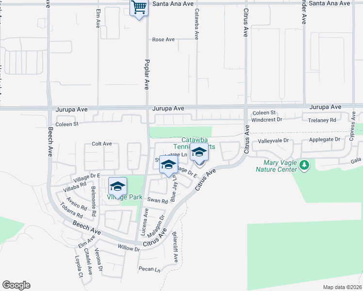 map of restaurants, bars, coffee shops, grocery stores, and more near 15827 Fiddleleaf Road in Fontana