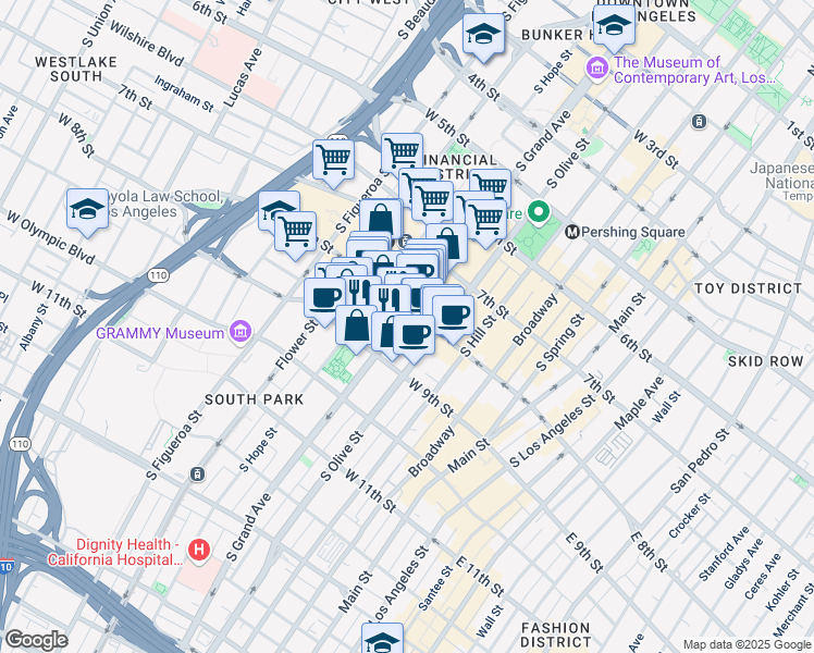 map of restaurants, bars, coffee shops, grocery stores, and more near 818 South Grand Avenue in Los Angeles