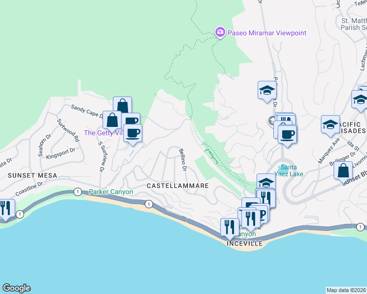 map of restaurants, bars, coffee shops, grocery stores, and more near 312 Bellino Drive in Los Angeles