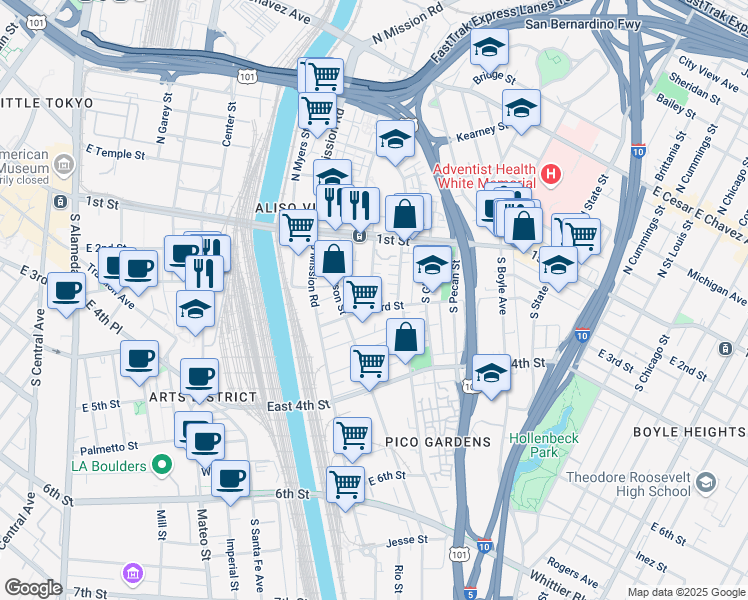 map of restaurants, bars, coffee shops, grocery stores, and more near 1401 East 3rd Street in Los Angeles