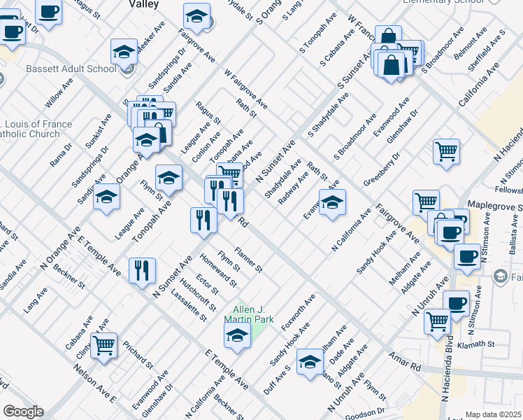 map of restaurants, bars, coffee shops, grocery stores, and more near 932 Shadydale Avenue in La Puente