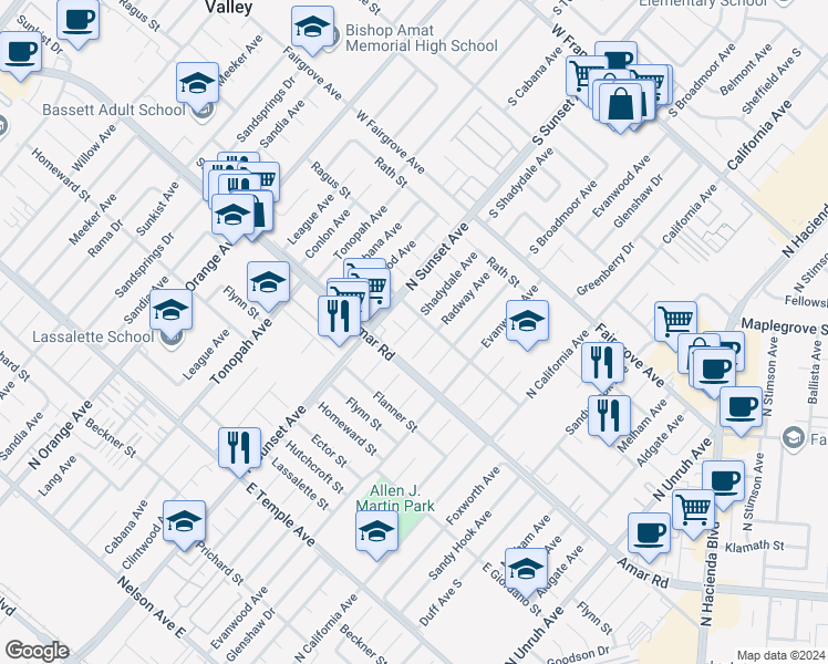 map of restaurants, bars, coffee shops, grocery stores, and more near 932 Shadydale Avenue in La Puente