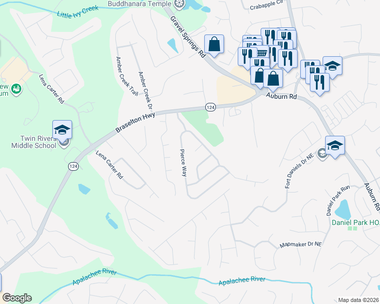 map of restaurants, bars, coffee shops, grocery stores, and more near 2610 Betty Drive Northeast in Buford