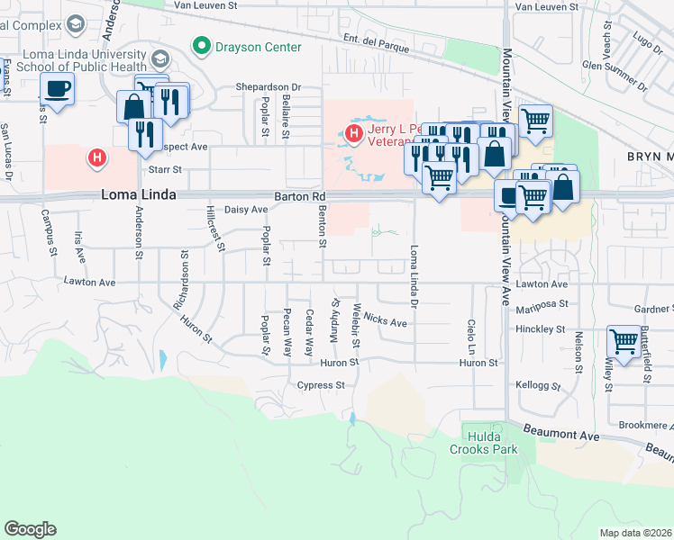 map of restaurants, bars, coffee shops, grocery stores, and more near 11461 Benton Street in Loma Linda