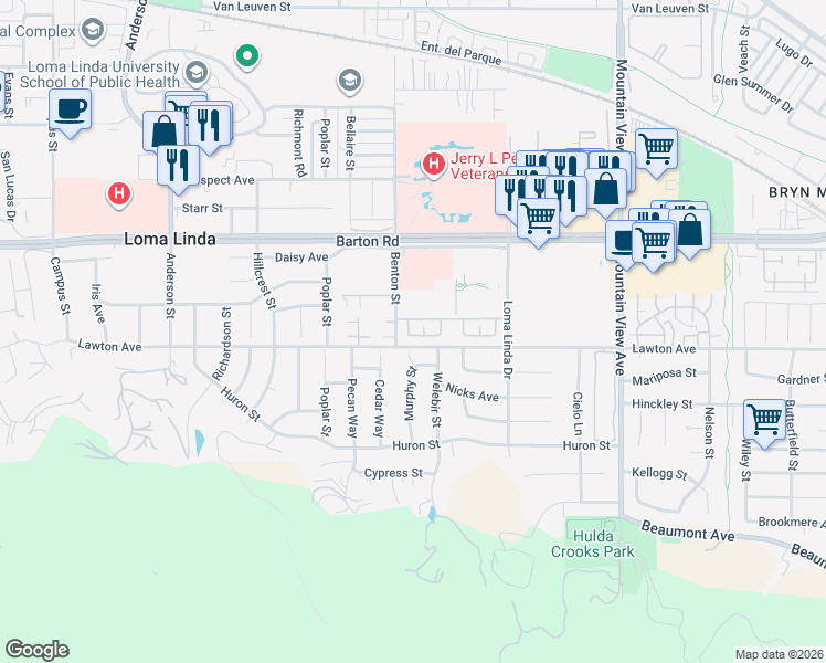 map of restaurants, bars, coffee shops, grocery stores, and more near 11461 Benton Street in Loma Linda