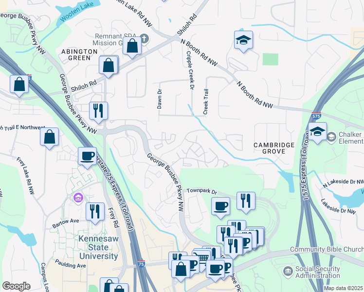 map of restaurants, bars, coffee shops, grocery stores, and more near 1100 Poplar Place in Kennesaw