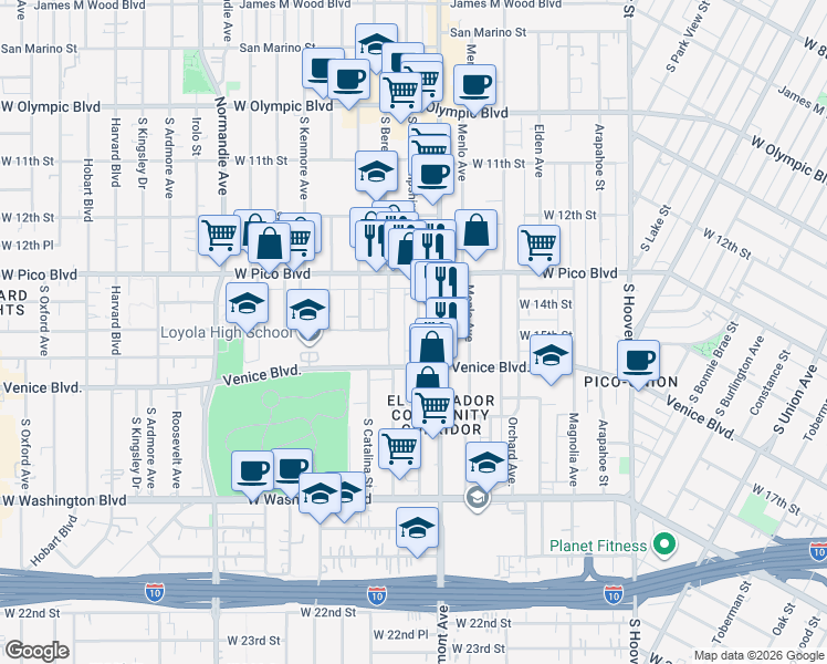 map of restaurants, bars, coffee shops, grocery stores, and more near 1429 South New Hampshire Avenue in Los Angeles