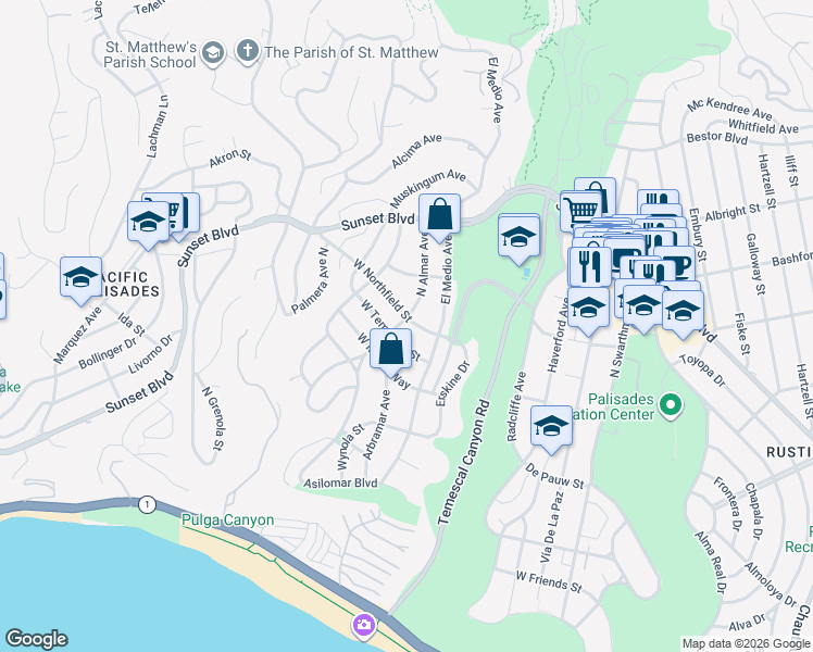map of restaurants, bars, coffee shops, grocery stores, and more near 15936 West Northfield Street in Los Angeles