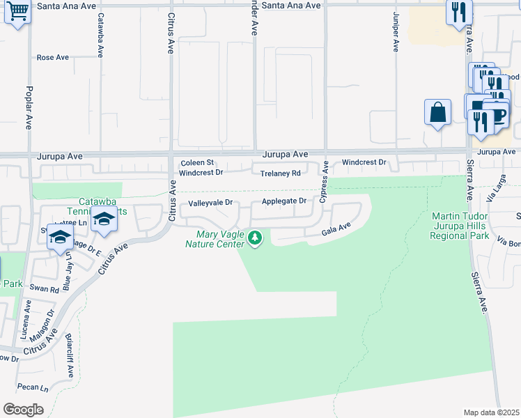 map of restaurants, bars, coffee shops, grocery stores, and more near 11460 Lone Tree Court in Fontana