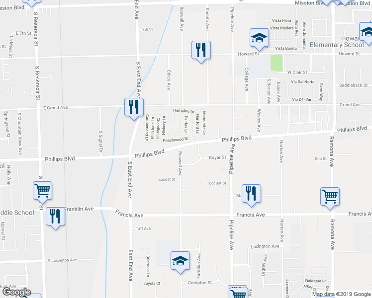 map of restaurants, bars, coffee shops, grocery stores, and more near 11411 Roswell Avenue in Chino