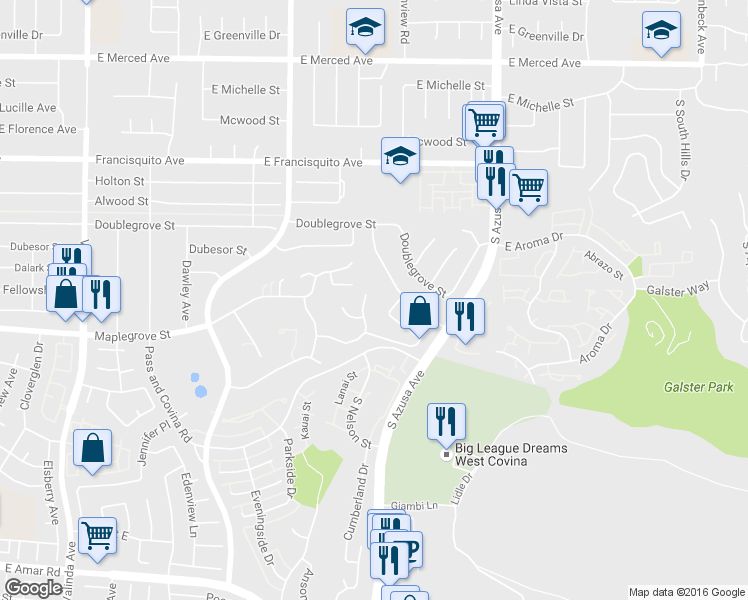 map of restaurants, bars, coffee shops, grocery stores, and more near 1708 Varilla Drive in West Covina