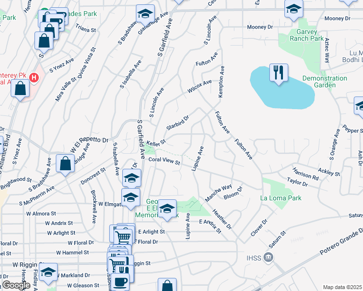 map of restaurants, bars, coffee shops, grocery stores, and more near 240 Kempton Place in Monterey Park