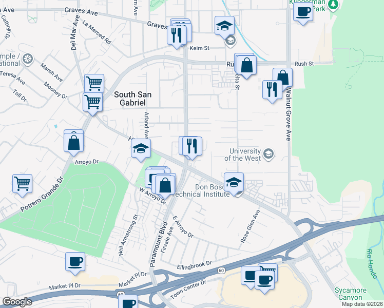 map of restaurants, bars, coffee shops, grocery stores, and more near 1425 San Gabriel Boulevard in Rosemead