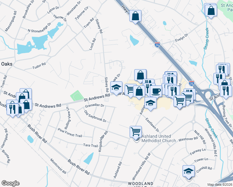 map of restaurants, bars, coffee shops, grocery stores, and more near Saint Andrews Road in Columbia