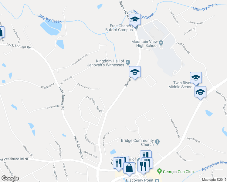 map of restaurants, bars, coffee shops, grocery stores, and more near 2198 Sunny Hill Road in Lawrenceville
