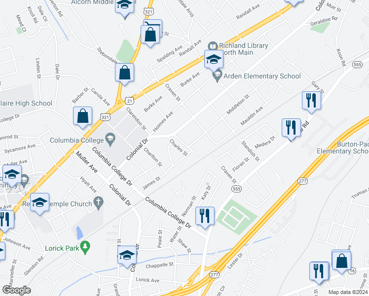 map of restaurants, bars, coffee shops, grocery stores, and more near 1615 Charles Street in Columbia