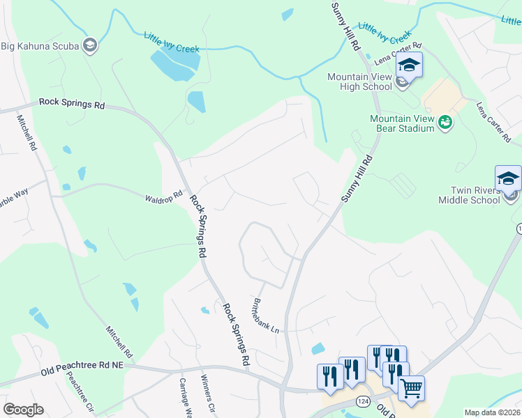 map of restaurants, bars, coffee shops, grocery stores, and more near 2287 Rocksram Court in Buford