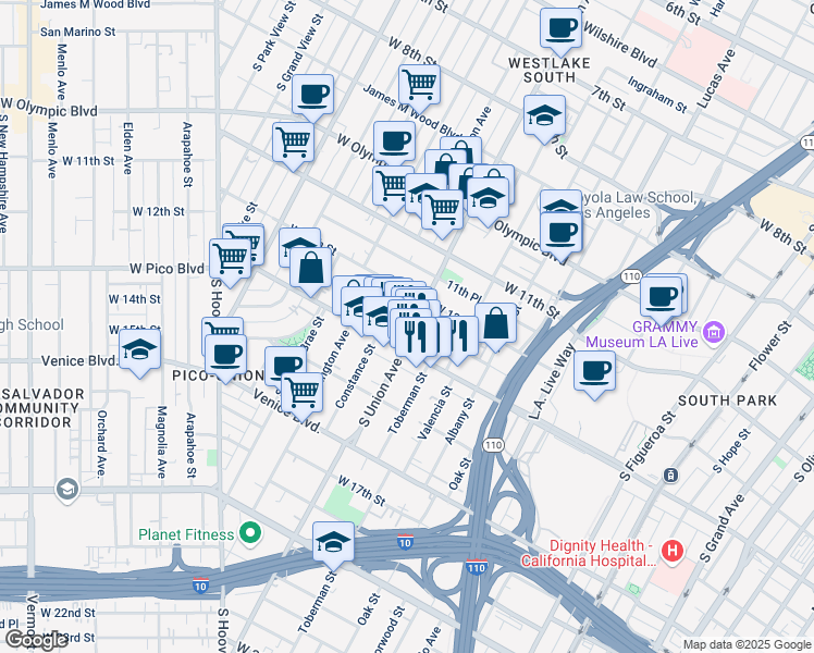 map of restaurants, bars, coffee shops, grocery stores, and more near 1257 South Union Avenue in Los Angeles