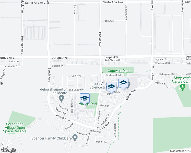 map of restaurants, bars, coffee shops, grocery stores, and more near 11424 Aberdeen Drive in Fontana
