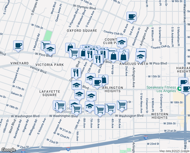 map of restaurants, bars, coffee shops, grocery stores, and more near 1428 South Norton Avenue in Los Angeles