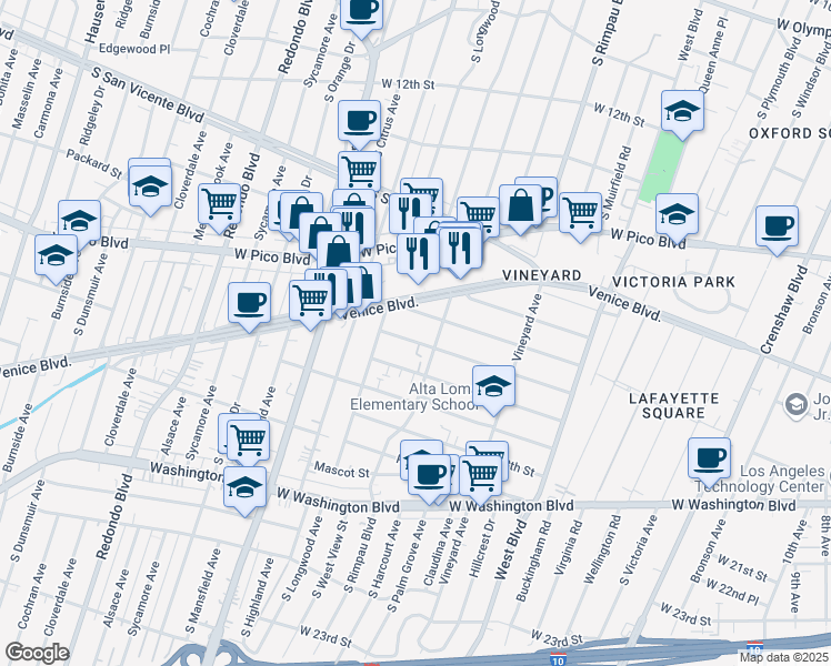 map of restaurants, bars, coffee shops, grocery stores, and more near 4843 West 17th Street in Los Angeles